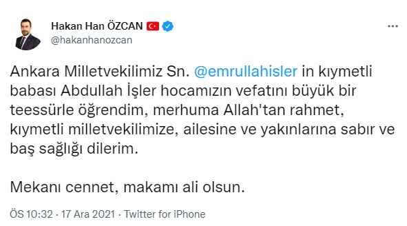 Ankara Ak Parti Milletvekili Emrullah İşler'in babası vefat etti