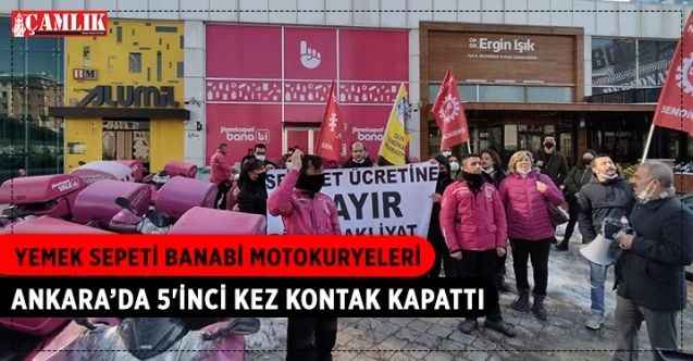 Ankara’da Yemek Sepeti Banabi’de çalışan motokuryeler, 'düşük zam' gerekçesiyle 5'inci kez kontak kapatarak eylem yaptı