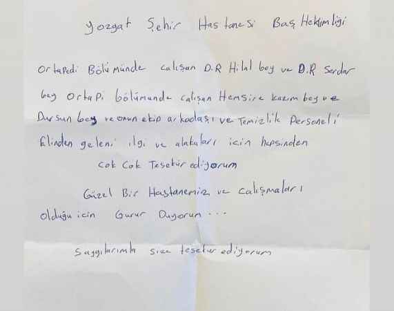 Hasta yakınlarından Yozgat Şehir Hastanesi çalışanlarına mektup