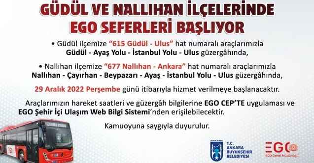 Ankara'da Güdül ve Nallıhan'a EGO otobüs seferleri 29 Aralık'ta