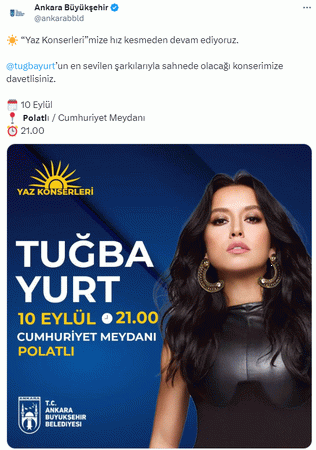 Ankara Büyükşehir Belediyesi, yaz konserleri ile Tuba Yurt Ankaralıları Coşturacak
