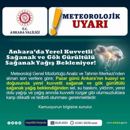 Ankara Valiliği'nden Kritik Uyarı: Pazar Günü Kuvvetli Sağanak ve Gök Gürültüsü Bekleniyor