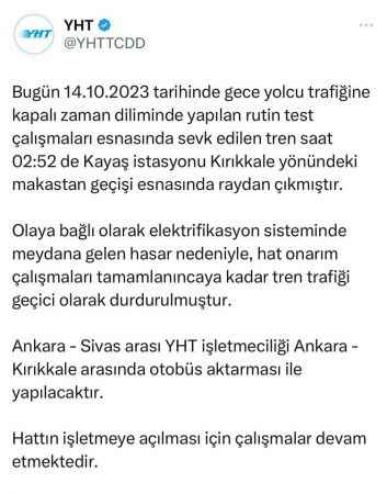 Ankara, Yozgat, Sivas, Kırıkkale'yi ilgilendiren YHT'de son dakika. YHT raydan çıkmıştı. Seferler nasıl yapılacak?