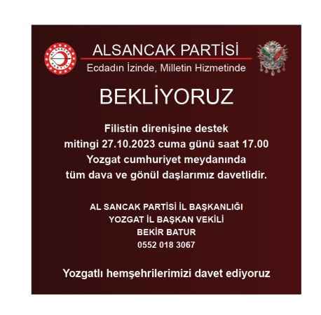 Yozgat'tan Filistin'e Destek: Alsancak Partisi Miting Çağrısında Bulundu!