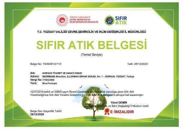 Sorgun Ticaret ve Sanayi Odası Sıfır atık belgesi aldı