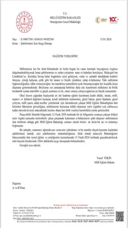 Bakan Tekin Talimat Verdi: Yozgat'ta Okullarda 15 Ocak'ta Yerine Getirilecek