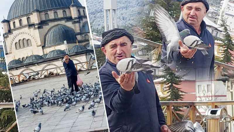 Yozgat’ta kuşlarla konuşan adam! Biri bir avcunda diğeri diğer avcunda.