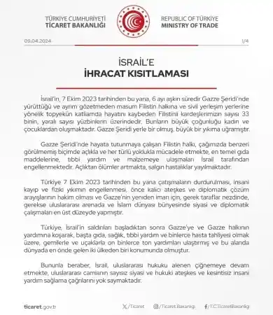 İsrail'e ihracatı Türkiye tarafından yasaklanan ürünlerin listesi...