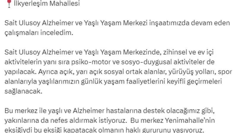 Yenimahalle Belediyesi Sait Ulusoy Alzheimer ve Yaşlı Yaşam Merkezi İnşaatı Tam Gaz Devam
