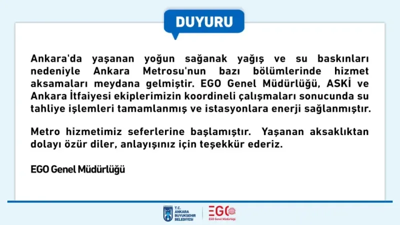 EGO Genel Müdürlüğü'nden Ankara Metroları için Olumlu Açıklama