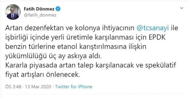 Bakan Dönmez: “EPDK benzin türlerine etanol karıştırılmasına ilişkin yükümlülüğü 3 ay askıya aldı”