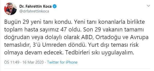 Sağlık Bakanı Koca Yen Vaka Sayısı 47 Oldu