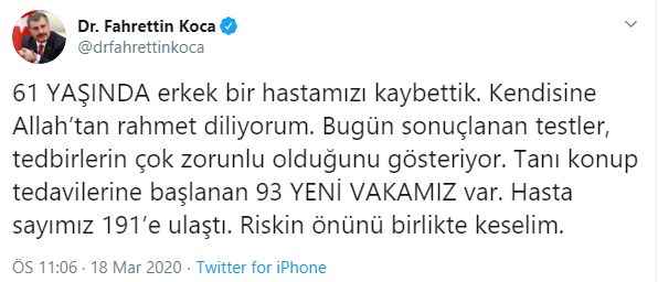 Sağlık Bakanı,  61 Yaşında Bir Erkek Hastamızı Kaybettik