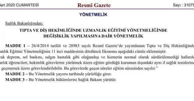 Tıpta ve diş hekimliğinde uzmanlık eğitimi yönetmeliğinde yapılan değişiklik Resmi Gazete’de