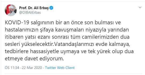 Diyanet'ten Tüm Camilerden Dua Çağrısı Yapıldı