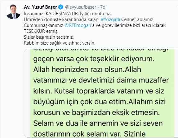 Yozgatlı Cennet Koçaker Karantina'dan Cumhurbaşkanına Mesaj Yolladı