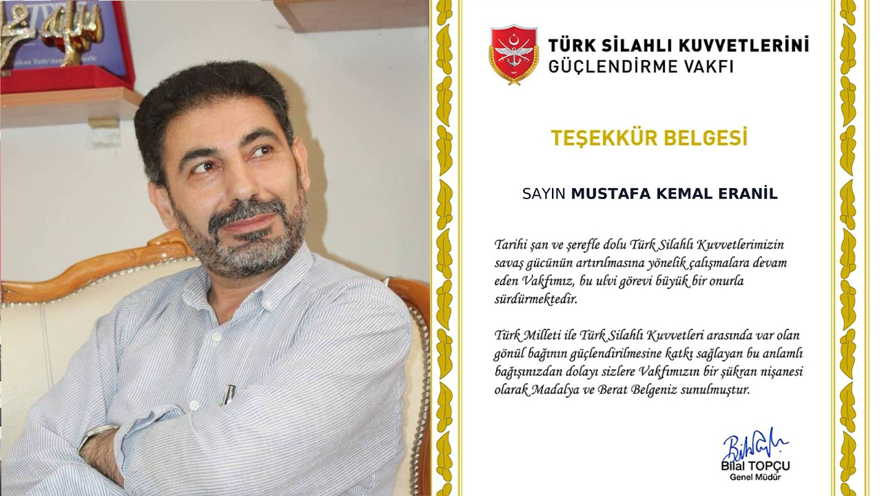 Yozgatlı Gazeteci ve Hayırsever Mustafa Eranıl’a TSK Güçlendirme Vakfı’ndan Teşekkür Belgesi