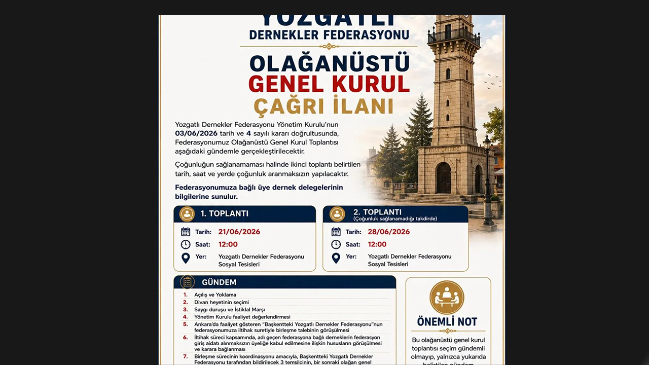 Yozgatlı Dernekler Federasyonu Tarihi Birleşme İçin Olağanüstü Toplanıyor