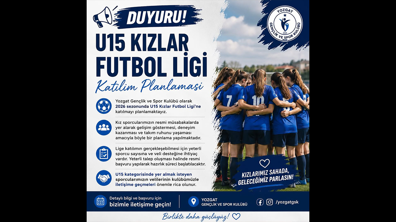 Yozgat Gençlik ve Spor Kulübü’nden U-15 Kızlar Futbol Ligi Hamlesi