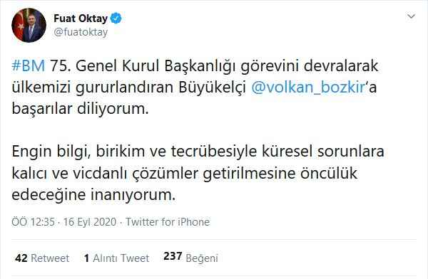 Cumhurbaşkanı Yardımcısı Fuat Oktay'dan Volkan Bozkır paylaşımı